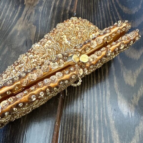 Vintage Gold Beaded Evening Bag Art Deco Flapper Hong Kong Kiss Lock Chain - Picture 5 of 7